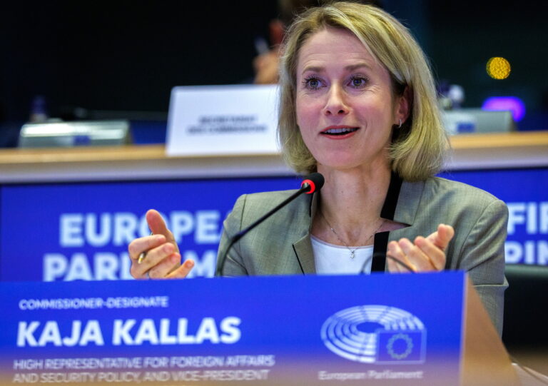 epa11715846 High Representative for Foreign Affairs and Security Policy and Vice-President of the European Commission-designate Kaja Kallas attends her confirmation hearing before the European Parliament committees in Brussels, Belgium, 12 November 2024. EPA/OLIVIER MATTHYS