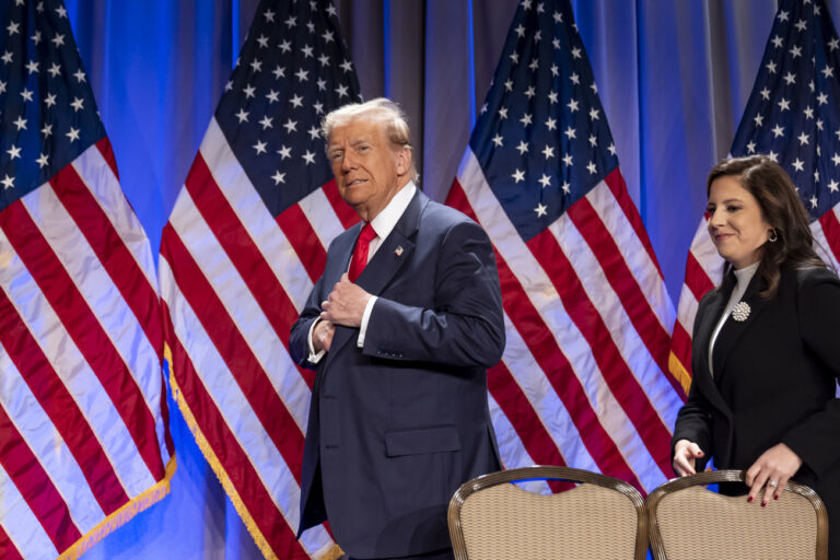 President-elect Donald Trump arrives to speak at a meeting of the House GOP conference, followed by Rep. Elise Stefanik, R-N.Y., Wednesday, Nov. 13, 2024, in Washington. (AP Photo/Alex Brandon).Donald Trump,Elise Stefanik