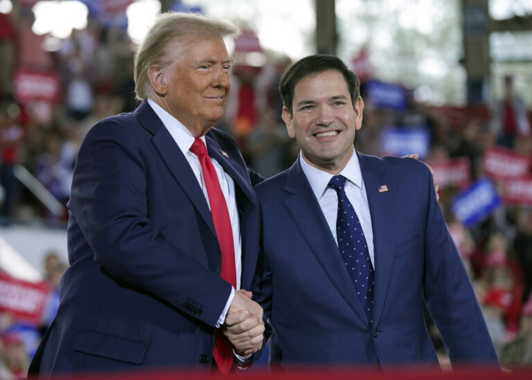 FILE - Republican presidential nominee former President Donald Trump greets Sen. Marco Rubio, R-Fla., during a campaign rally at J.S. Dorton Arena, Nov. 4, 2024, in Raleigh, N.C. (AP Photo/Evan Vucci, File).Donald Trump