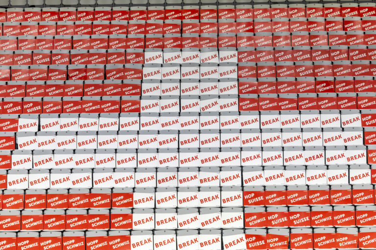 The seats with Swiss color are pictured prior the second day of the Billie Jean King Cup Play-off between Switzerland team and Serbia team, at the Swiss Tennis Arena in Biel, Switzerland, Saturday, November 16, 2024. (KEYSTONE/Salvatore Di Nolfi)