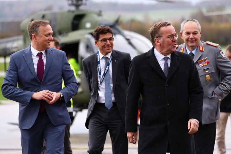 epa11727117 German Defense Minister Boris Pistorius (R) and Airbus Executive Vice President Stefan Thome (L) after a ride with the H145Ms helicopter at the Airbus helicopter factory in Donauwoerth, Germany, 18 November 2024. In December 2023, the German Army Bundeswehr and Airbus Helicopters signed a contract for the purchase of up to 82 H145M multi-role helicopters (62 firm orders plus 20 options). EPA/ANNA SZILAGYI