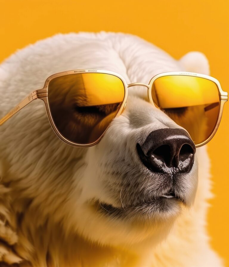 Fashionable polar bear wearing sunglasses on a bright