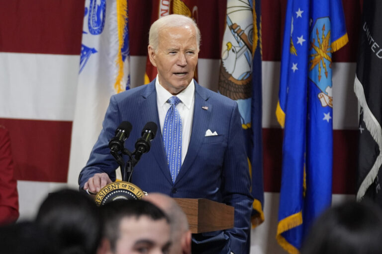 President Joe Biden speaks at a Friendsgiving event with service members and their families in the Staten Island borough of New York, Monday, Nov. 25 2024. (AP Photo/Manuel Balce Ceneta).Joe Biden,Jill Biden