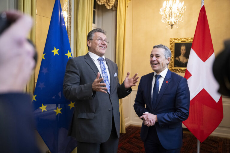 Maros Sefcovic, Executive Vice-President of the European Commission, left, and Swiss Federal Councillor Ignazio Cassis, right, talk during a working visit by Swiss Federal Councillor Ignazio Cassis to Maros Sefcovic, Vice-President of the European Commission, at the Lohn country residence of the Swiss government, on Wednesday, November 27, 2024, in Kehrsatz near Bern, Switzerland. (KEYSTONE/Anthony Anex)