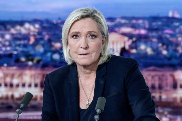 epa11757259 President of the far-right Rassemblement National (RN) parliamentary group Marine Le Pen poses prior to an interview on the evening news broadcast of French TV channel TF1, in Boulogne-Billancourt, outside Paris, France, 04 December 2024. The government of the French prime minister on 04 December lost a no-confidence vote after a total of 331 members of the parliament voted in favor of the motion. The no-confidence vote, that had been proposed by the hard left and was backed by the far-right headed by Marine Le Pen, came after the French prime minister activated Article 49.3 of the Constitution to pass his social security budget bill without a vote, as a majority of members of Parliament rejected his project on 02 December 2024. EPA/STEPHANE DE SAKUTIN / POOL MAXPPP OUT