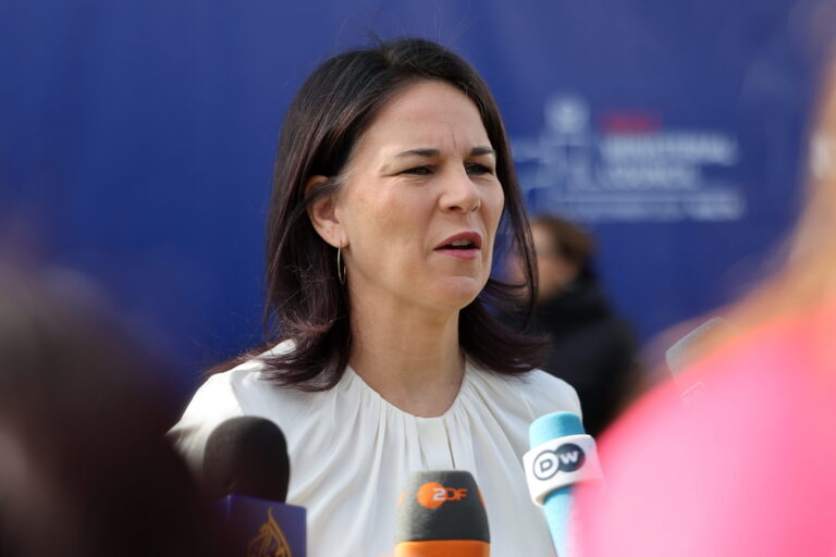 epa11758218 Federal Minister for Foreign Affairs of Germany, Annalena Baerbock, speaks to the media prior to the opening of the 31st Ministerial Council of the Organization for Security and Co-operation in Europe (OSCE) in Ta' Qali, Malta, 05 December 2024. The 31st OSCE Ministerial Council takes place on 05 and 06 December 2024 in Malta. EPA/Domenic Aquilina