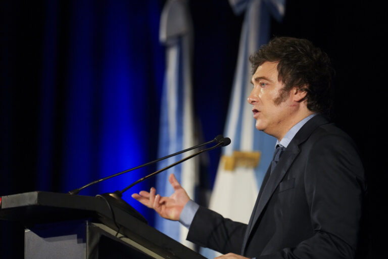 Argentina's President Javier Milei talks at the Marketing Leaders Association in Montevideo, Uruguay, Friday, Dec. 6, 2024. (AP Photo/Matilde Campodonico)