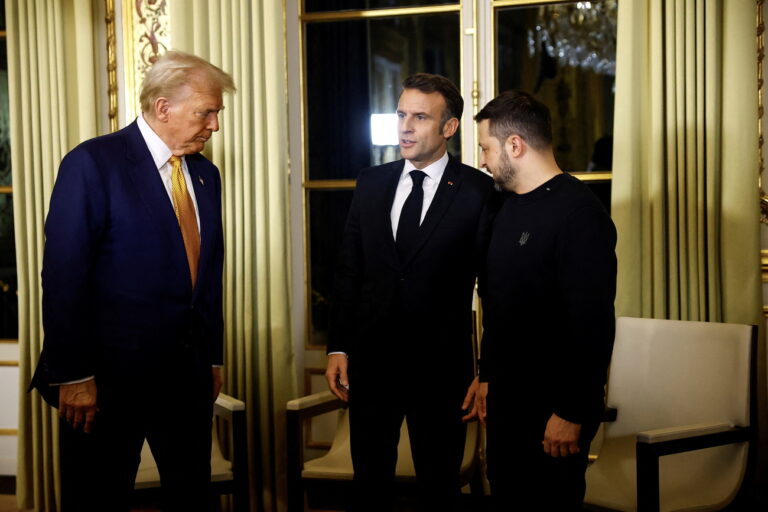 epa11762568 French President Emmanuel Macron (C), US President-elect Donald Trump (L) and Ukrainian President Volodymyr Zelensky attend a trilateral meeting at the Elysee Palace, as part of ceremonies mark the reopening of the Notre Dame de Paris cathedral, in Paris, France, 07 December 2024. The Notre Dame de Paris Cathedral reopens on 07 December after nearly six years of renovation work following its destruction by a fire on 15 April 2019. EPA/SARAH MEYSSONNIER / POOL MAXPPP OUT