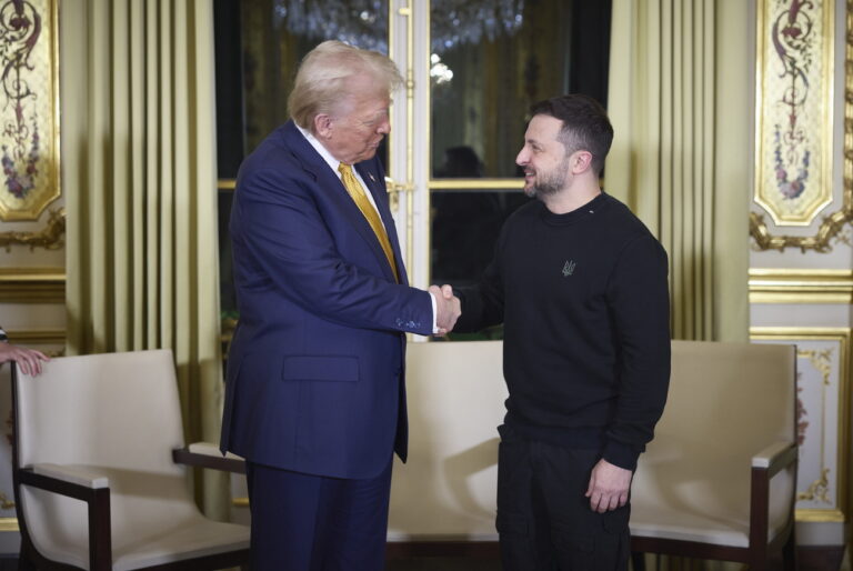 epa11763045 A handout picture made available by the Presidential Press Service of Ukraine shows US President-elect Donald Trump (L), and Ukrainian President Volodymyr Zelensky (R) shaking hands during their meeting with French President Emmanuel Macron (not pictured) at the Elysee Palace, as part of ceremonies marking the reopening of the Notre Dame de Paris Cathedral, in Paris, France, 07 December 2024. The Notre Dame de Paris Cathedral reopens on 07 December after nearly six years of renovation work following its destruction by a fire on 15 April 2019. EPA/Presidential Press Service of Ukraine HANDOUT HANDOUT EDITORIAL USE ONLY/NO SALES