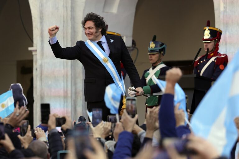 FILE - Argentine President Javier Milei attends a ceremony celebrating the 214th anniversary of the May Revolution, which marked the beginning of the country's independence from Spain, in Cordoba, Argentina, May 25, 2024. (AP Photo/Nicolas Aguilera, File).Javier Milei