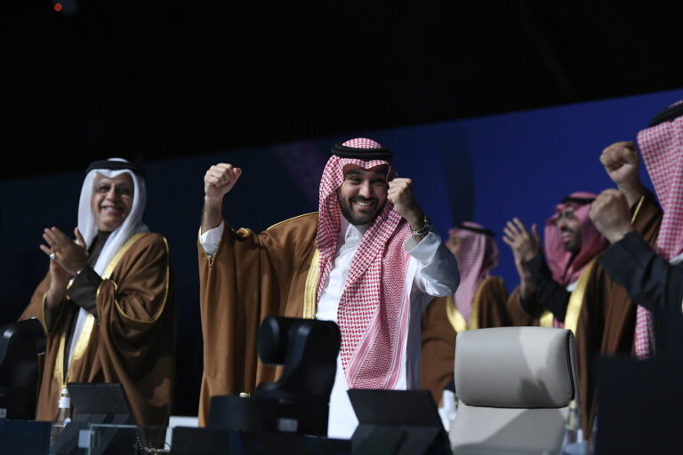 epaselect epa11770795 Saudi Arabia's Minister of Sports and Youth Abdulaziz bin Turki al-Faisal al-Saud (C) reacts after Saudi Arabia was confirmed as host of the 2034 World Cup, in Riyadh, Saudi Arabia, 11 December 2024. The Extraordinary FIFA Congress 2024 on 11 December officially named Saudi Arabia as the host nation of the FIFA World Cup 2034. EPA/STRINGER