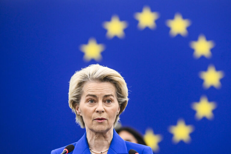 European Commission president Ursula von der Leyen addresses the European Parliament, Wednesday, Dec. 18, 2024 in Strasbourg, eastern France. (AP Photo/Pascal Bastien)