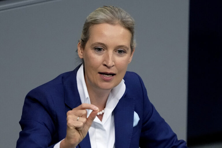 FILE - AfD head Alice Weidel speaks during a general debate of the German parliament Bundestag in Berlin, Germany, Sept. 11, 2024. (AP Photo/Markus Schreiber, File).Alice Weidel