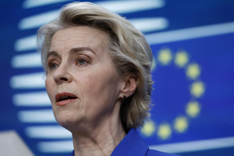 European Commission President Ursula von der Leyen addresses a media conference at the end of an EU summit in Brussels, Thursday, Dec. 19, 2024. (AP Photo/Omar Havana)