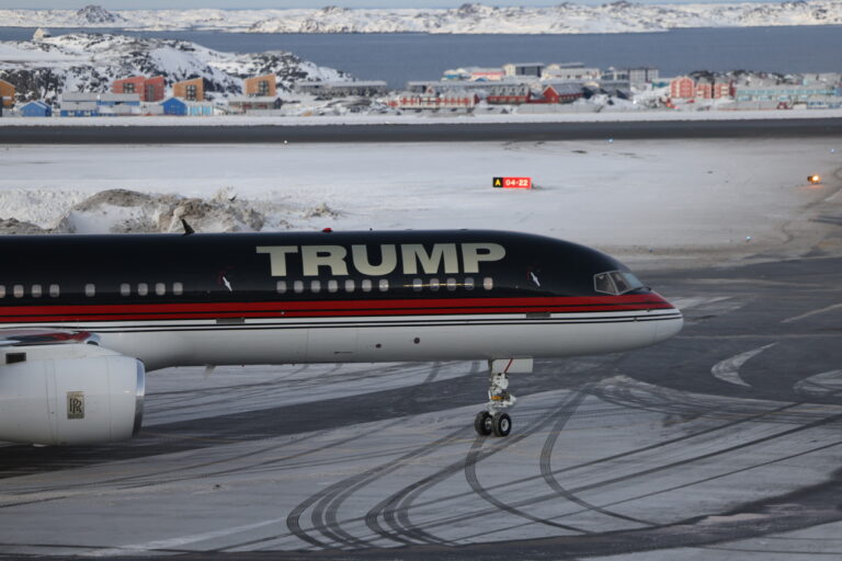 epa11811329 An aircraft carrying Donald Trump Jr. arrives at an airport in Nuuk, Greenland, 07 January 2025. Donald Trump Jr. is on a private visit to the autonomous Danish territory of Greenland. EPA/EMIL STACH DENMARK OUT