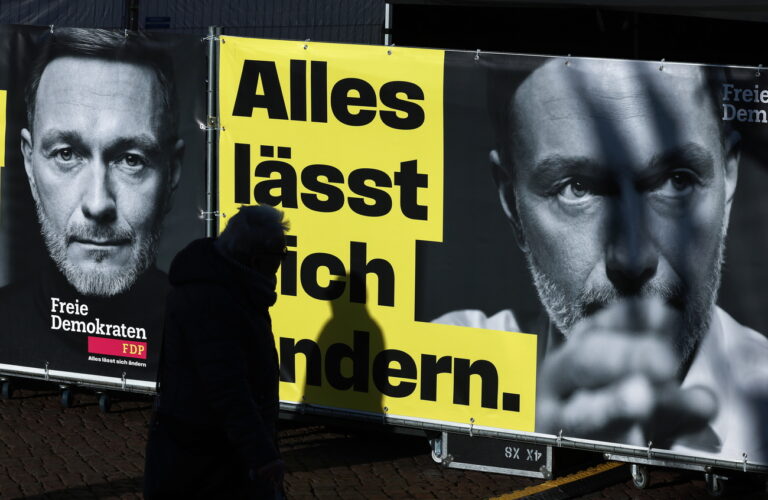 epa11813163 A picture of chairman of the Free Democratic Party (FDP) and former German Finance Minister, Christian Lindner, is seen as he attends the FDP party's kick-off campaign tour for federal elections, in Potsdam, Germany, 08 January 2025. EPA/HANNIBAL HANSCHKE