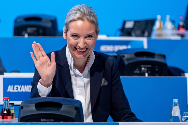 epa11818214 Alternative for Germany (AfD) party and faction co-chairwoman and top candidate for the federal election Alice Weidel attends the party's federal conference in Riesa, Germany, 11 January 2025. The AfD holds the 16th Federal Party Congress on 11 and 12 January to elect the party's candidate for chancellor and to adopt its federal election program, ahead of the early general elections scheduled on 23 February. EPA/MARTIN DIVISEK