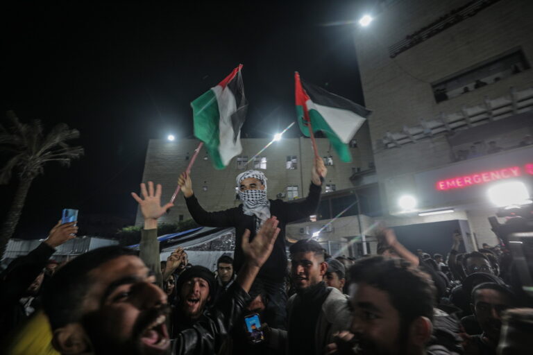 epa11826811 Palestinians react to news of a ceasefire agreement with Israel, in Deir al Balah, central Gaza Strip, 15 January 2025. According to US and Hamas officials, Israel and Hamas agreed on a hostage deal and ceasefire, to be implemented in the coming days. EPA/MOHAMMED SABER