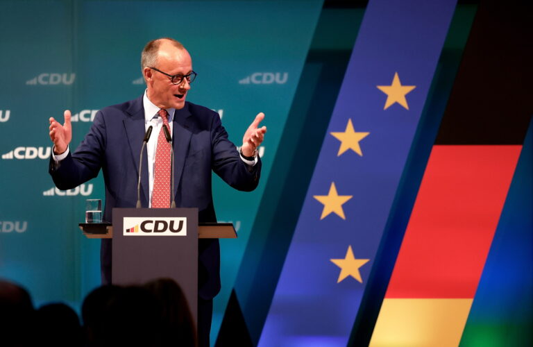 epa11835899 Chairman of Germany's Christian Democratic Union (CDU) Friedrich Merz delivers a speech during a Bavarian veal sausage breakfast in Brilon, Germany, 19 January 2025. EPA/FRIEDEMANN VOGEL