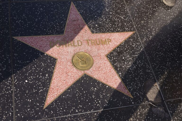 Donald Trump's star on the Hollywood Walk of Fame, awarded in the television category, is seen in Los Angeles Monday, Jan. 20, 2025. (AP Photo/Damian Dovarganes)