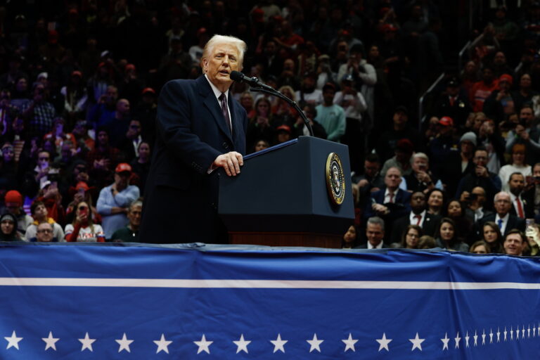 epa11840699 US President Donald Trump speaks during an indoor inauguration parade at the Capitol One Arena in Washington, DC, USA, 20 January 2025. Earlier today Trump was sworn in for a second term as president of the United States in the rotunda of the US Capitol, though the ceremonies and events surrounding the presidential inauguration were moved indoors due to extreme cold temperatures. EPA/ALLISON DINNER