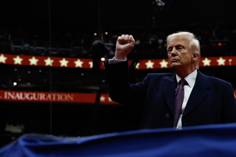 epa11840739 U.S. President Donald Trump gestures to the crowd during an indoor inauguration event at the Capital One Arena in Washington, DC, USA, 20 January 2025. Trump was sworn in for a second term as president of the United States on 20 January. The presidential inauguration was held indoors due to extreme cold temperatures in DC. EPA/ANNA MONEYMAKER / POOL