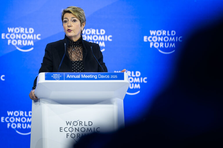 Swiss Federal President Karin Keller-Sutter delivers a speech during the 55th annual meeting of the World Economic Forum, WEF, in Davos, Switzerland, Tuesday, January 21, 2025. (KEYSTONE/Laurent Gillieron)