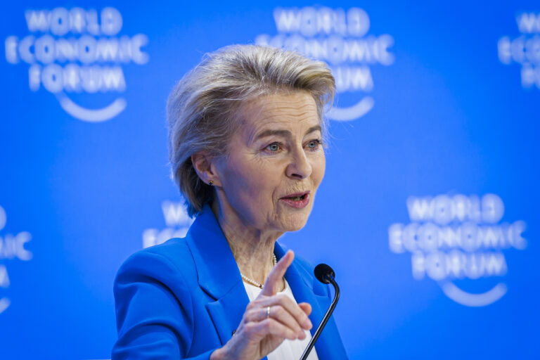 Ursula von der Leyen, president of the European Commission, delivers a speech during the 55th annual meeting of the World Economic Forum, WEF, in Davos, Switzerland, Tuesday, January 21, 2025. (KEYSTONE/Michael Buholzer)