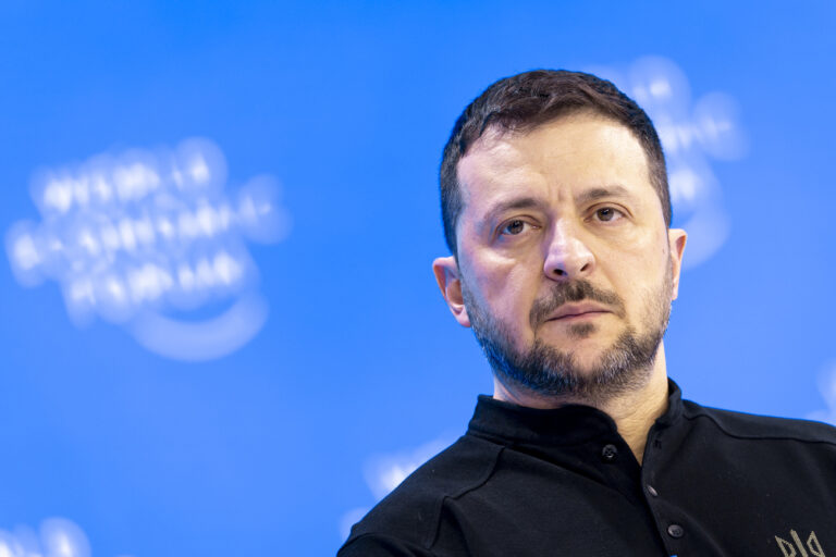 Ukrainian President Volodymyr Zelensky pictured during a plenary session in the Congress Hall, during the 55th annual meeting of the World Economic Forum, WEF, in Davos, Switzerland, Tuesday, January 21, 2025. (KEYSTONE/Michael Buholzer)