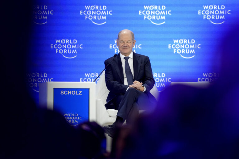 German Chancellor Olaf Scholz speaks at the Annual Meeting of World Economic Forum in Davos, Switzerland, Tuesday, Jan. 21, 2025. (AP Photo/Markus Schreiber)