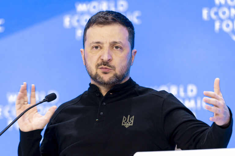 Ukrainian President Volodymyr Zelensky delivers a speech during a plenary session in the Congress Hall, during the 55th annual meeting of the World Economic Forum, WEF, in Davos, Switzerland, Tuesday, January 21, 2025. (KEYSTONE/Michael Buholzer)