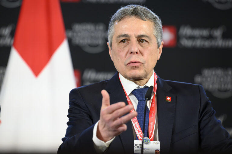 Switzerland's Foreign Minister Federal Councillor Ignazio Cassis speaks during a press conference at the House of Switzerland, HoS, on the sideline of the 55th annual meeting of the World Economic Forum, WEF, in Davos, Switzerland, Wednesday, January 22, 2025. (KEYSTONE/Laurent Gillieron)