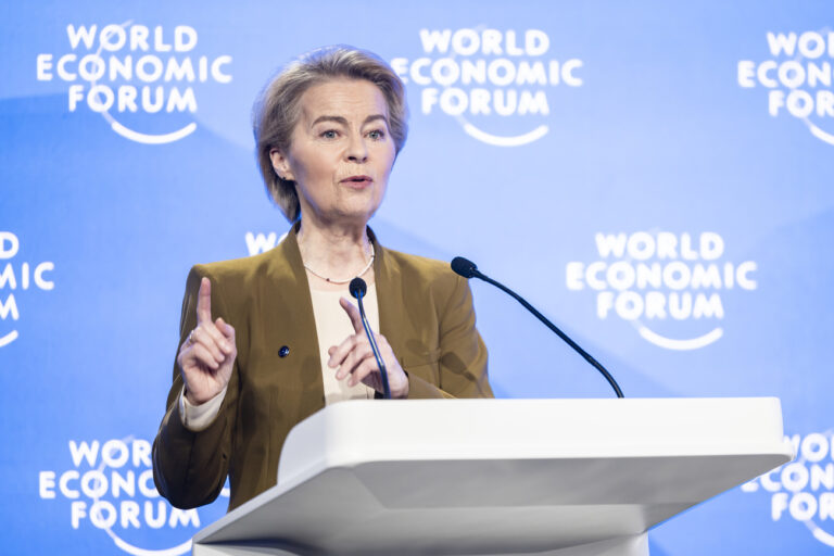 Ursula von der Leyen, President of the European Commission speaks during the 55th annual meeting of the World Economic Forum, WEF, in Davos, Switzerland, Thursday, January 23, 2025. (KEYSTONE/Michael Buholzer)