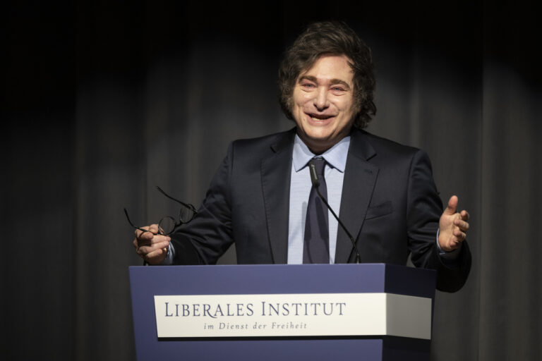 Argentina's President Javier Milei speaks after receiving this year's Roepke Prize for Civil Society of the Liberal Institute at the Congress centre in Kloten, Switzerland, Friday 24, 2025. (KEYSTONE/Ennio Leanza)