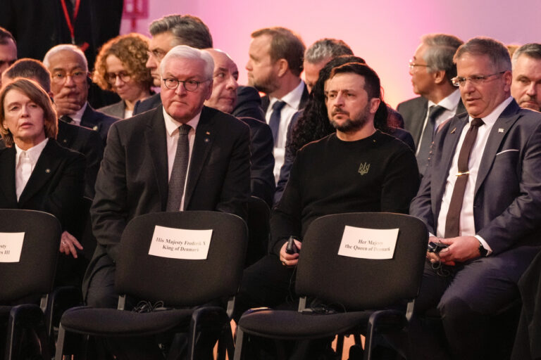 Ukrainian President Volodymyr Zelenskyy, center right, sits next to German President Frank-Walter Steinmeier, center left, at the Auschwitz-Birkenau former Nazi German concentration and extermination camp, during a ceremony marking the 80th anniversary of its liberation, in Oswiecim, Poland, Monday, Jan. 27. 2025. (AP Photo/Czarek Sokolowski)