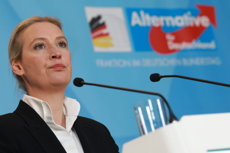 epa11866539 Alternative for Germany (AfD) party and faction co-chairwoman Alice Weidel looks on during a press statement during a session of the German parliament 'Bundestag' in Berlin, Germany, 31 January 2025. The Christian Democratic Union (CDU) is expected to put a draft law to limit the illegal influx of third-country nationals to Germany up for vote. The law might be adopted with votes of the Alternative for Germany party (AfD), which would represent a crack of the CDU's previous stance of maintaining a so-called 'firewall' against collaboration with the far-right party. EPA/CLEMENS BILAN