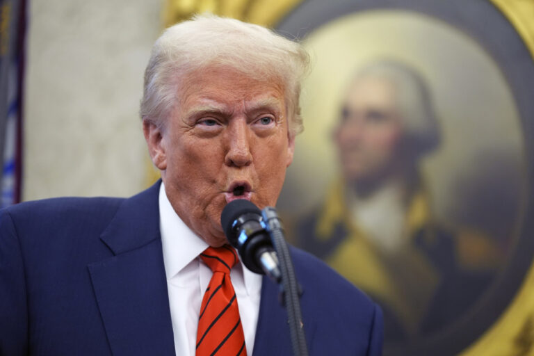 President Donald Trump speaks before Pam Bondi is sworn in as Attorney General by Supreme Court Associate Justice Clarence Thomas, in the Oval Office of the White House, Wednesday, Feb. 5, 2025, in Washington. (AP Photo/Evan Vucci)