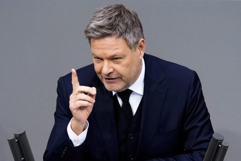 Vice Chancellor and Economy and Climate Minister Robert Habeck speaks during the last parliament session ahead of national's elections, at the Bundestag parliament in Berlin, Germany, Tuesday, Feb. 11, 2025. (AP Photo/Ebrahim Noroozi)