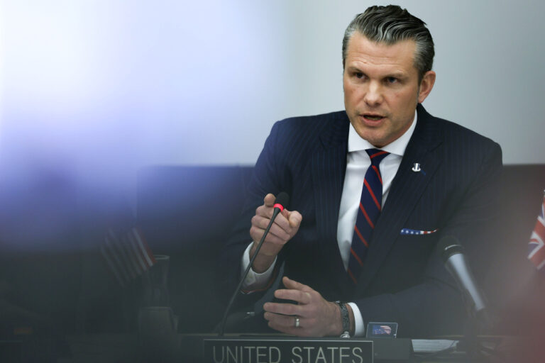 United States Secretary of Defense Pete Hegseth speaks during a meeting of the Ukraine Defense Contact group at NATO headquarters in Brussels, Wednesday, Feb. 12, 2025. (AP Photo/Omar Havana)