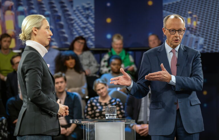 epa11894278 Friedrich Merz (R), candidate for chancellor and chairman of the Christian Democratic Union of Germany (CDU), and Alice Weidel (L), chancellor candidate for the Alternative for Germany (AfD), during the ZDF program 'Klartext' in Berlin, Germany, 13 February 2025. Candidates for chancellor from the SPD, CDU, Greens and AfD will answer citizens' questions during the program. Germany will hold federal elections on 23 February 2025. EPA/MICHAEL KAPPELER / POOL