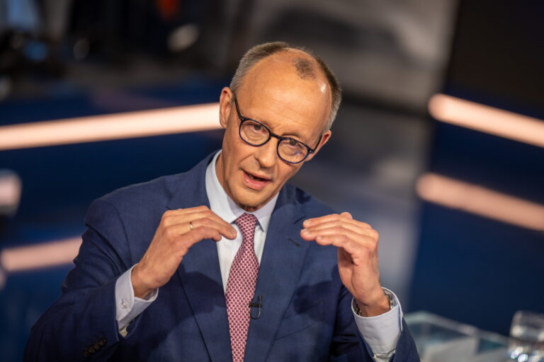 epa11894335 Friedrich Merz, candidate for chancellor and chairman of the Christian Democratic Union of Germany (CDU), speaks during the ZDF program 'Klartext' in Berlin, Germany, 13 February 2025. Candidates for chancellor from the SPD, CDU, Greens and AfD will answer citizens' questions during the program. Germany will hold federal elections on 23 February 2025. EPA/MICHAEL KAPPELER / POOL