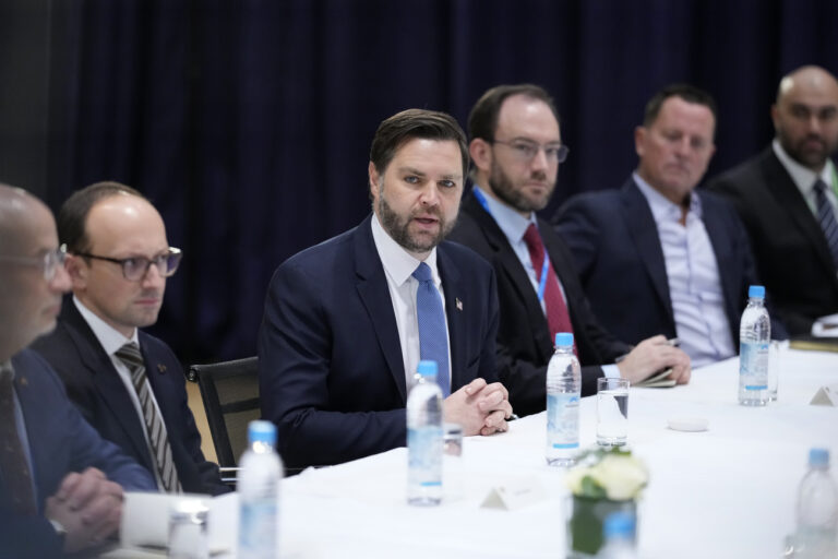 United States Vice-President JD Vance, left center, speaks during a meeting with Germany's President Frank-Walter Steinmeier and Germany's Foreign Minister Annalena Baerbock on the sidelines of the Munich Security Conference in Munich, Germany, Friday, Feb. 14, 2025. (AP Photo/Matthias Schrader)