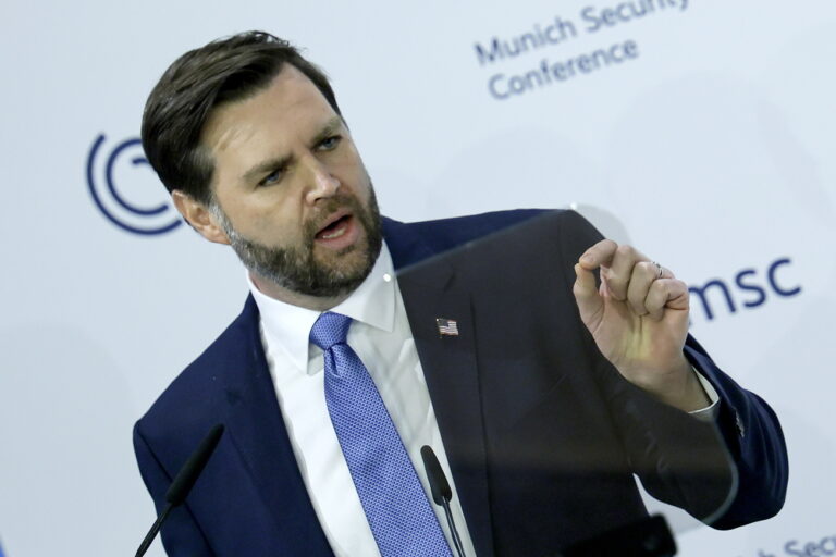 epa11895768 US Vice President JD Vance speaks during the 61st Munich Security Conference (MSC), in Munich, Germany, 14 February 2025. High-level international decision-makers meet at the 61st Munich Security Conference in Munich from 14 to 16 February 2025 during their annual meeting to discuss global security issues. EPA/RONALD WITTEK