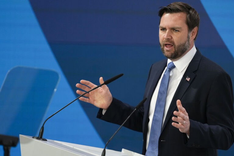 United States Vice-President JD Vance addresses the audience during the Munich Security Conference at the Bayerischer Hof Hotel in Munich, Germany, Friday, Feb. 14, 2025. (AP Photo/Matthias Schrader)