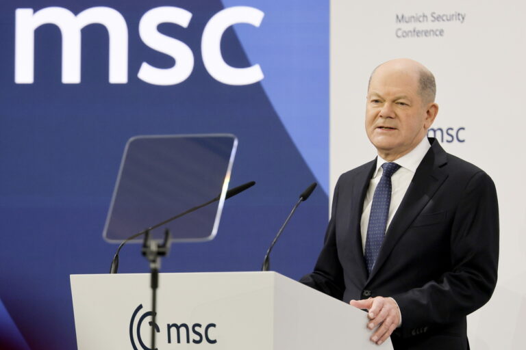 epa11897287 German Chancellor Olaf Scholz speaks during the 61st Munich Security Conference (MSC), in Munich, Germany, 15 February 2025. High-level international decision-makers meet at the 61st Munich Security Conference in Munich from 14 to 16 February 2025 during their annual meeting to discuss global security issues. EPA/RONALD WITTEK