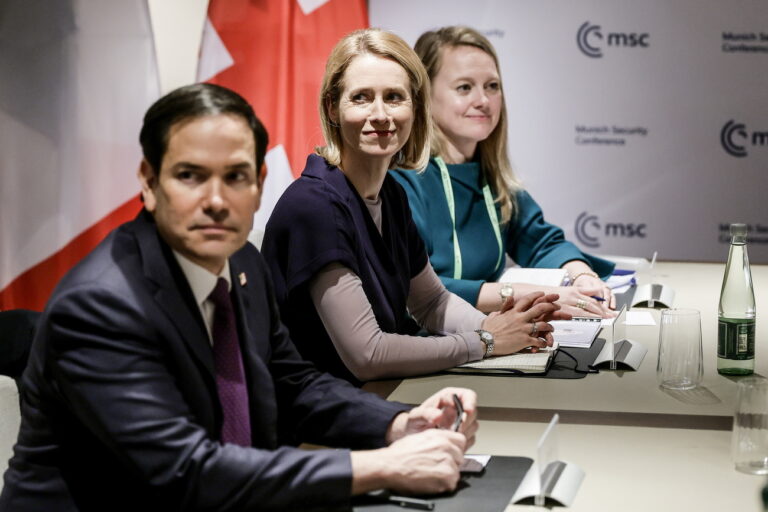 epa11897968 EU High Representative for Foreign Affairs and Security Policy Kaja Kallas (C) and US Secretary of State Marco Rubio (L) attend the meeting of Foreign Ministers the Transatlantic Quint during the 61st Munich Security Conference (MSC), in Munich, Germany, 15 February 2025. High-level international decision-makers meet at the 61st Munich Security Conference in Munich from 14 to 16 February 2025 during their annual meeting to discuss global security issues. EPA/RONALD WITTEK / POOL