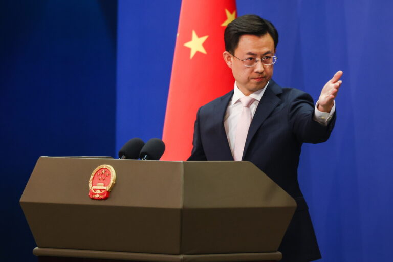 epa11902289 Chinese Ministry of Foreign Affairs spokesperson Guo Jiakun gestures during a press conference in Beijing, China, 17 February 2025. Jiakun commented on the recent modification of the U.S. State Department's website fact sheet on U.S.-Taiwan relations, stating that the Taiwan issue is the foundation of the political basis of China-U.S. relations and an unbreakable red line. EPA/WU HAO