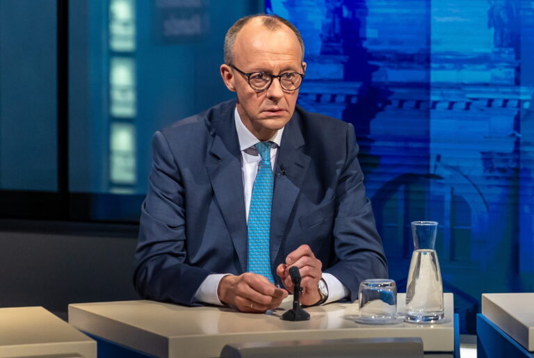 epa11919497 Chairman of Germany's Christian Democratic Union (CDU) Friedrich Merz attends an election night TV talk show at the capital city studio of the TV channel ARD during the general elections in Berlin, Germany, 23 February 2025. EPA/ANDREAS GORA / POOL