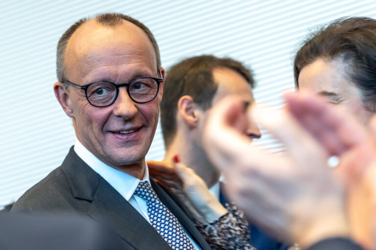 epa11923841 Chairman of the Christian Democratic Union (CDU) party and faction Friedrich Merz (L) attends a CDU/CSU parliamentary group meeting at the German parliament, Bundestag, in Berlin, Germany, 25 February 2025. Germany held early federal elections on 23 February 2025. EPA/ANDREAS GORA / POOL