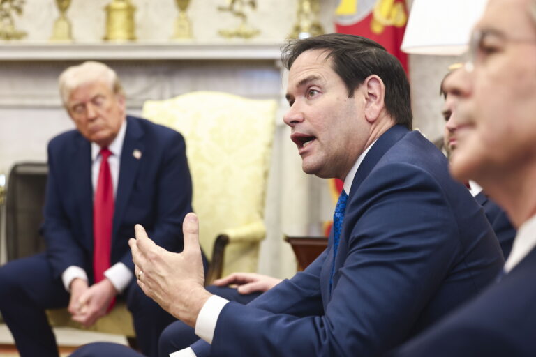 epa11930697 US Secretary of State Marco Rubio speaks while attending a meeting between US President Donald Trump (L) and Ukrainian President Volodymyr Zelensky in the Oval Office of the White House in Washington, DC, USA, 28 February 2025. Zelensky is in Washington to sign the framework of a deal, pushed by President Trump, to share Ukraines's mineral wealth with the US. EPA/JIM LO SCALZO / POOL